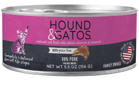 98% Pork Wet Cat Food - bright pink and black can with the words 'Temporarily Unavailable' underneath written in white lettering on a black background.