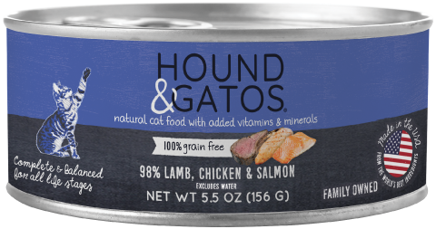 5.5 oz can of lamb, chicken and salmon wet cat food. Limited ingredient diet, suitable for all life stages.