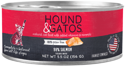 5.5 oz. can of 98% salmon wet cat food. Limited ingredient, grain free diet.
