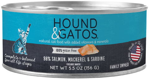5.5 oz can of 98% salmon, mackeral and sardine wet cat food. Grain free, limited ingredients.