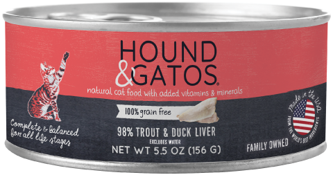 5.5 oz can of trout and duck liver grain free, wet cat food.