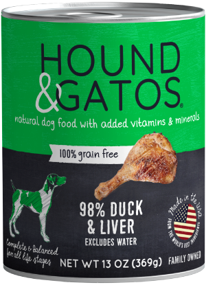 98% Duck & Liver 100% grain free wet dog food 13 oz. can.
