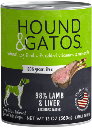 Label: Lime green top, black bottom. Green and white dog bottom left. 100% grain free tag, lamb chop in middle.