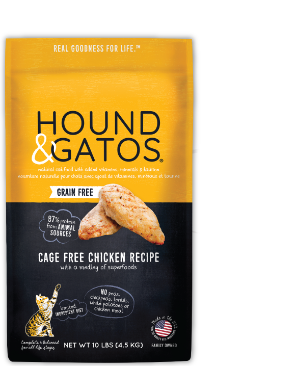 Yellow and black 10lb bag of dry cat food. 100% grain free. Cage free chicken with a medley of super foods. 88% protein from animal sources. Limited ingredient diet contains no peas, lentils, chickpeas, white potatoes or rendered poultry.