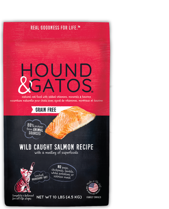 Red and black bag of wild caught salmon dry cat food with superfoods. Grain free. 88% animal source protein. No lentils, chickpeas, white potatoes or salmon meal. Limited ingredient diet.