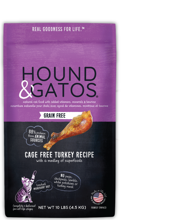 Purple and black 10 lb. bag of dry cat food. Cage free, grain free turkey with a medley of superfoods. 88% animal source protein. No peas, lentils, chickpeas, white potatoes or rendered poultry.