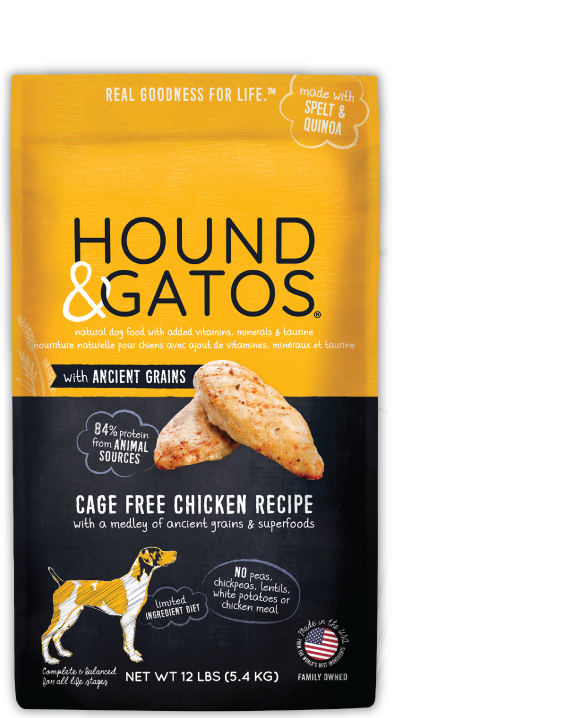 Yellow and black 12 lb bag of ancient grain cage free chicken dry dog food. 84% animal protein.