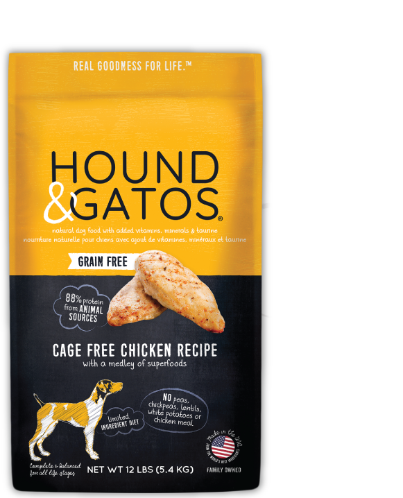 Yellow and black dry dog food bag. Grain free. Cage free chicken recipe. With a medley of super foods. 88% protein from animal sources. Limited ingredient diet contains no peas, lentils, chickpeas or white potatoes, rendered poultry or grains.