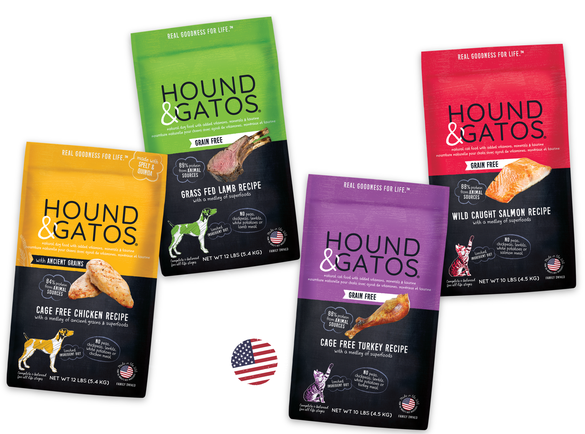 Four packages of Hound & Gatos Dry Dog and Cat Food