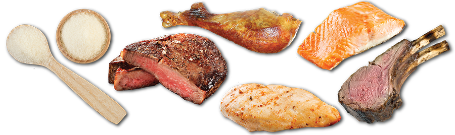 Ingredients in wet food - wooden spoon and bowl of Agar Agar, a cut piece of perfectly cooked meat, a baked poultry leg, cooked salmon filet, cooked poultry breast and a cooked lamb chop.